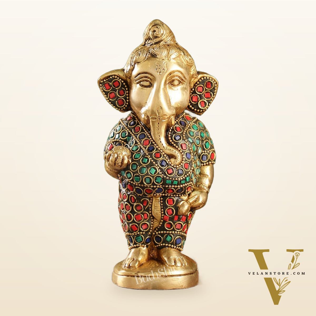Adorable Brass Baby Ganesha Statue with Modak and Stonework | 7" Height