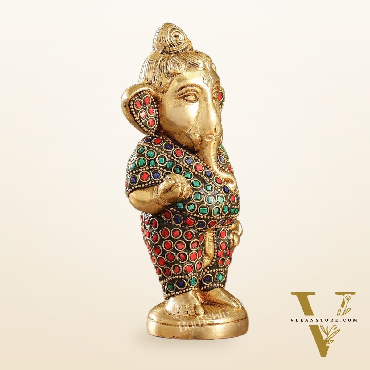 Adorable Brass Baby Ganesha Statue with Modak and Stonework | 7" Height