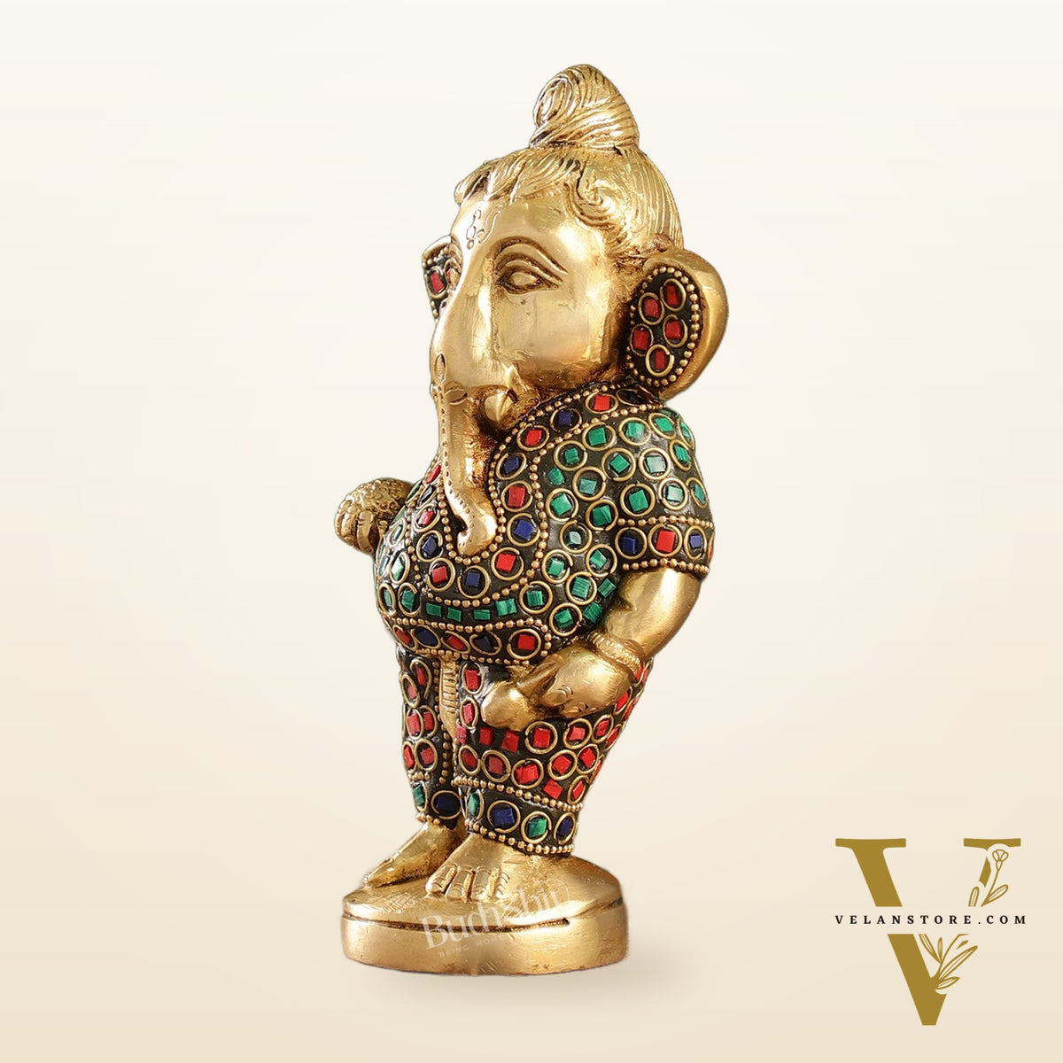 Adorable Brass Baby Ganesha Statue with Modak and Stonework | 7" Height