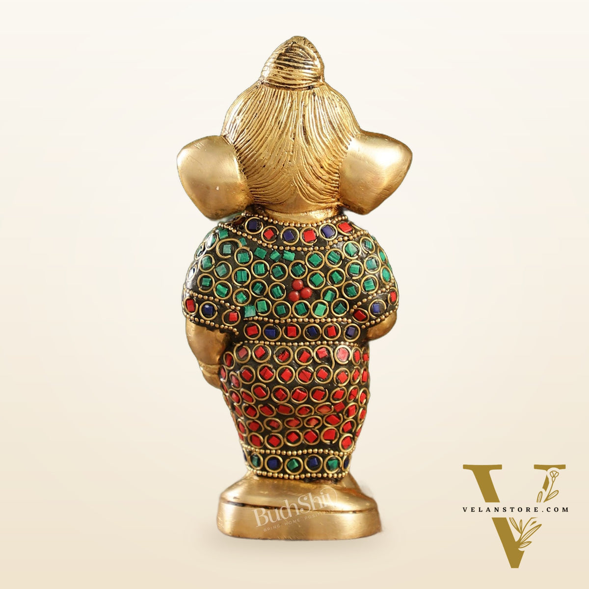 Adorable Brass Baby Ganesha Statue with Modak and Stonework | 7" Height