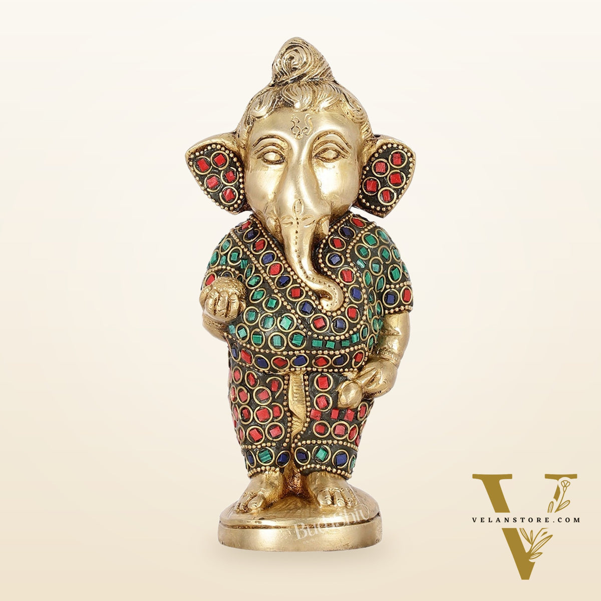 Adorable Brass Baby Ganesha Statue with Modak and Stonework | 7" Height