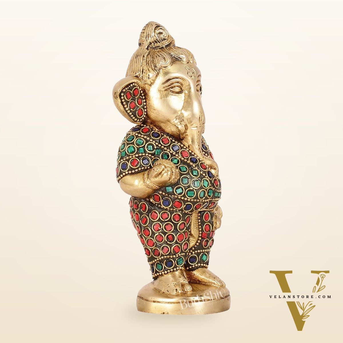 Adorable Brass Baby Ganesha Statue with Modak and Stonework | 7" Height