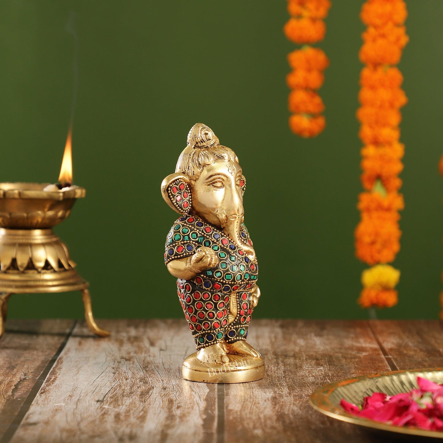 Adorable Brass Baby Ganesha Statue with Modak and Stonework | 7" Height