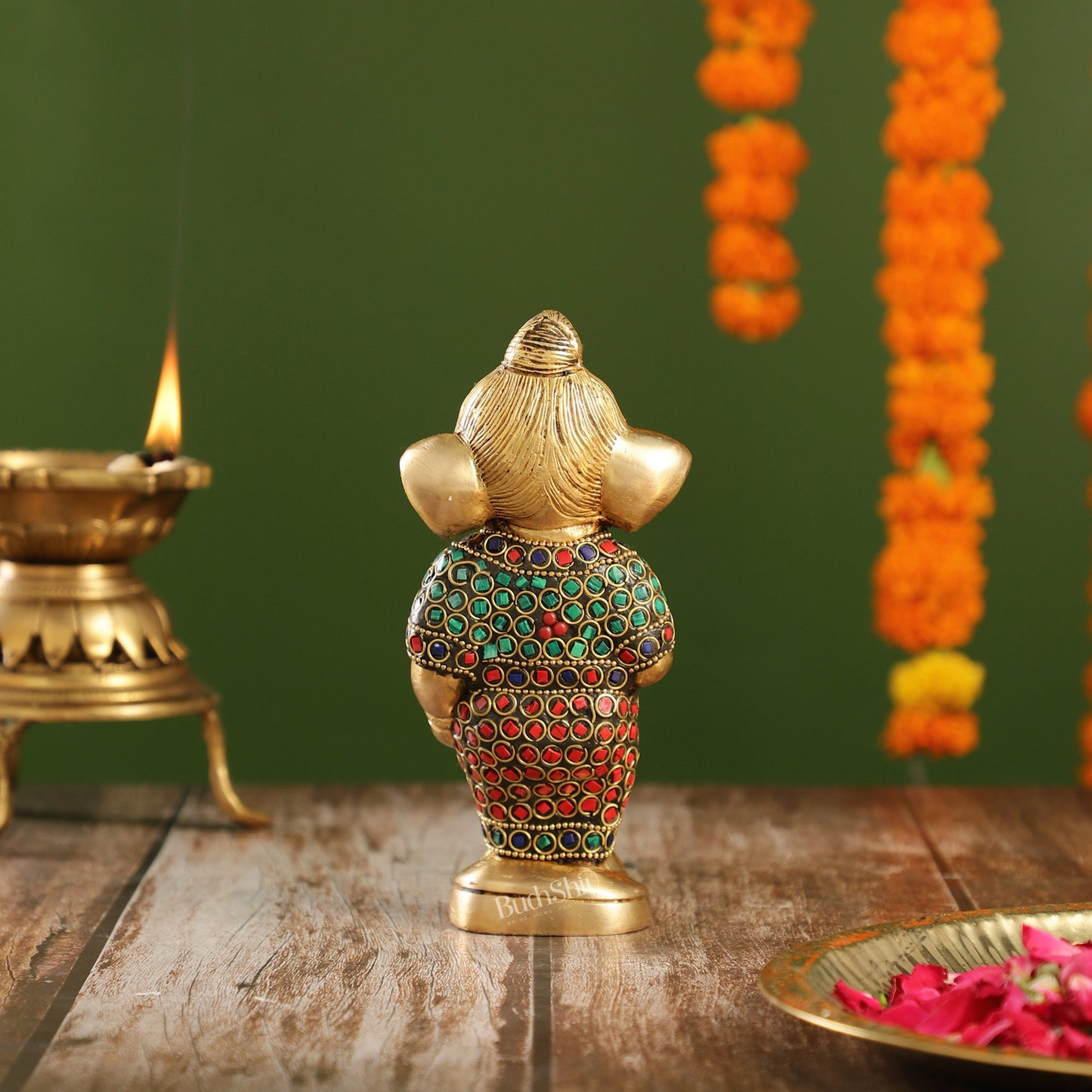 Adorable Brass Baby Ganesha Statue with Modak and Stonework | 7" Height