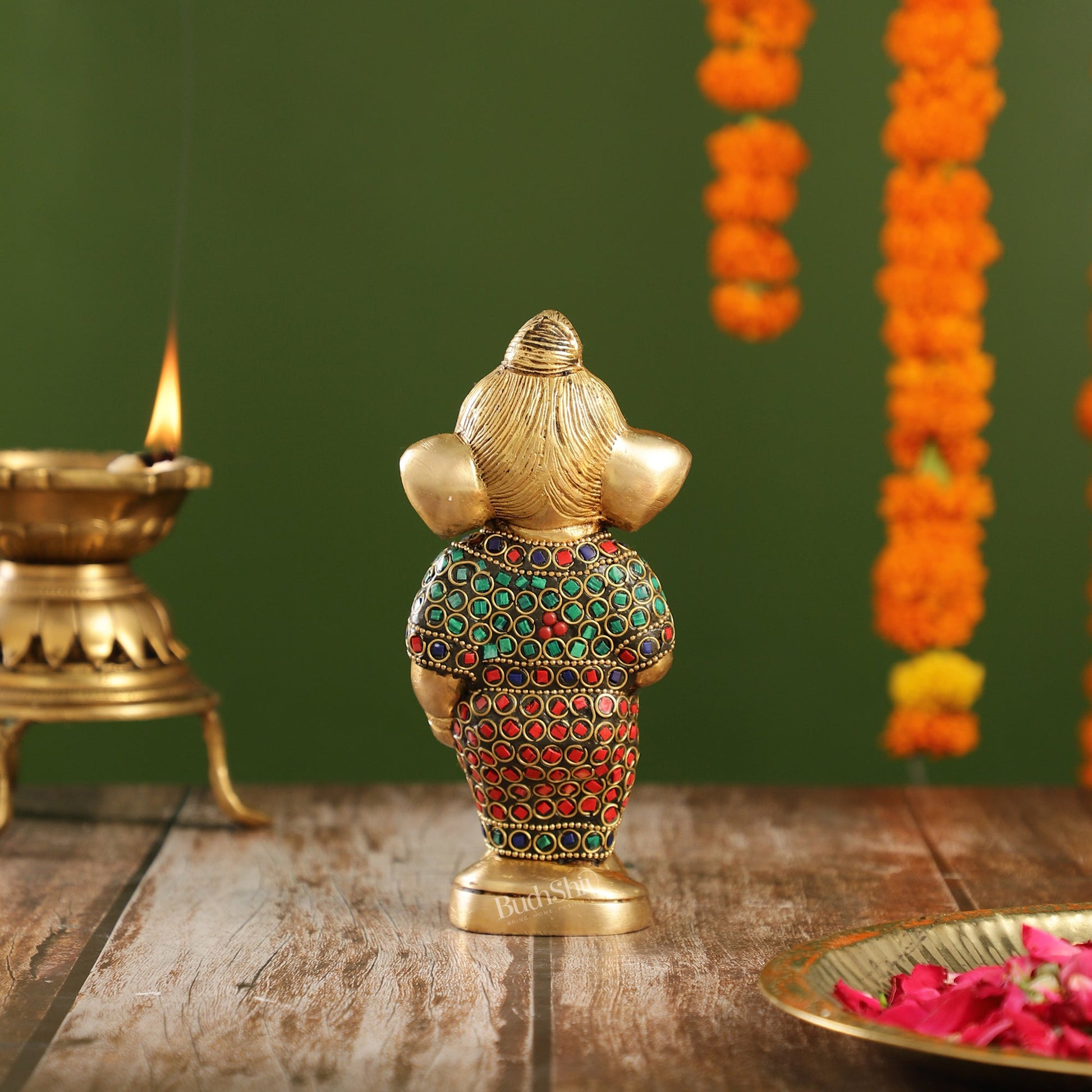 Adorable Brass Baby Ganesha Statue with Modak and Stonework | 7" Height