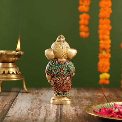 Adorable Brass Baby Ganesha Statue with Modak and Stonework | 7" Height