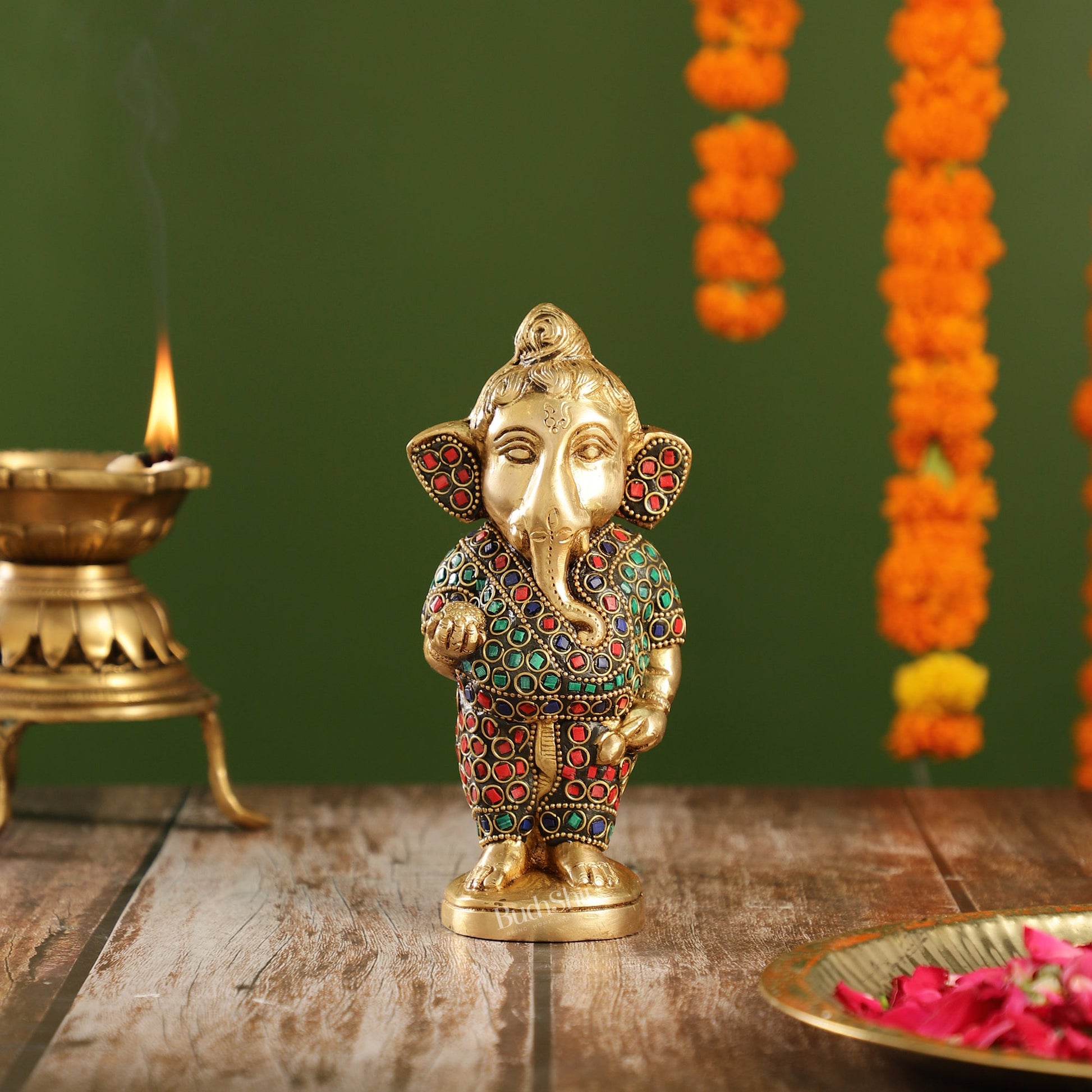 Adorable Brass Baby Ganesha Statue with Modak and Stonework | 7" Height
