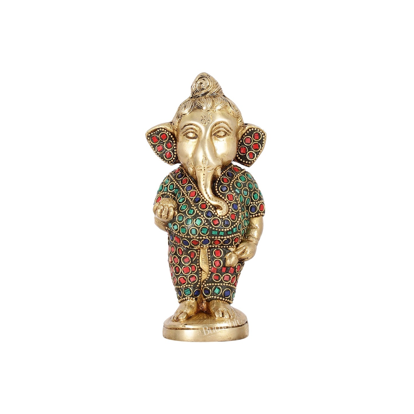 Adorable Brass Baby Ganesha Statue with Modak and Stonework | 7" Height