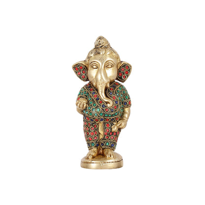 Adorable Brass Baby Ganesha Statue with Modak and Stonework | 7" Height