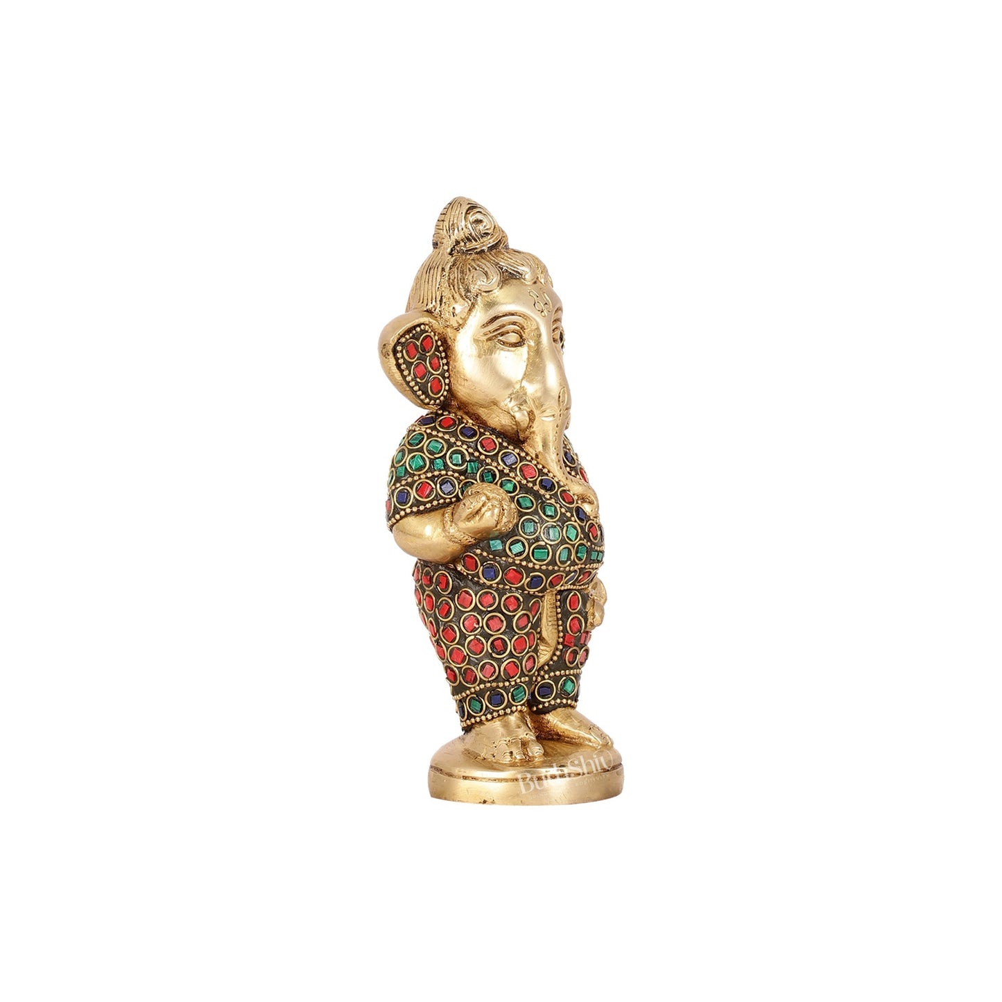 Adorable Brass Baby Ganesha Statue with Modak and Stonework | 7" Height
