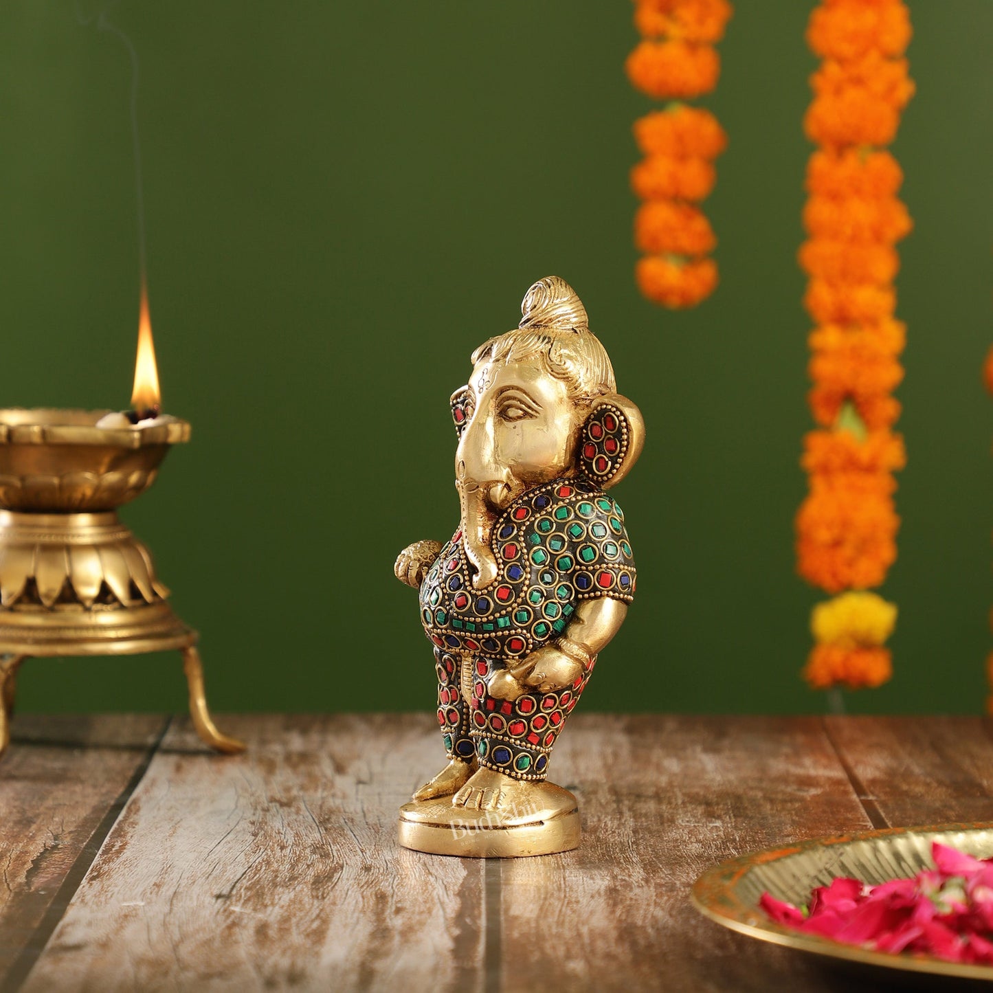 Adorable Brass Baby Ganesha Statue with Modak and Stonework | 7" Height