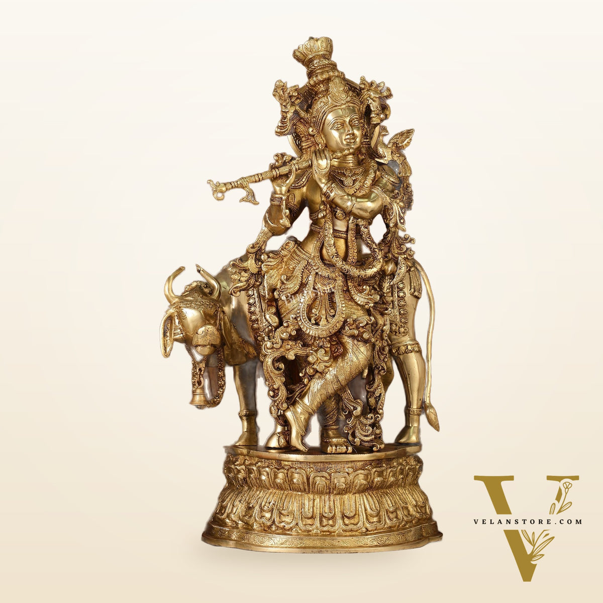 Adorable Lord Krishna With Cow Statue | Brass | Antique Gold Finish 28"