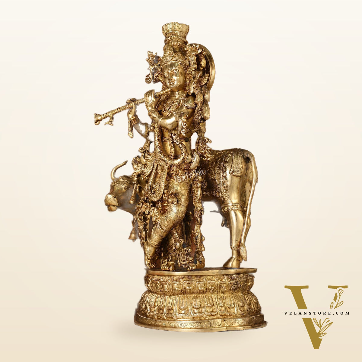 Adorable Lord Krishna With Cow Statue | Brass | Antique Gold Finish 28"