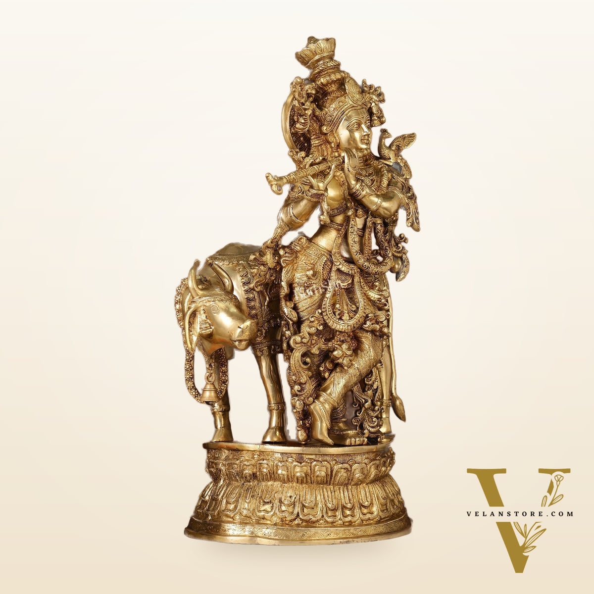 Adorable Lord Krishna With Cow Statue | Brass | Antique Gold Finish 28"