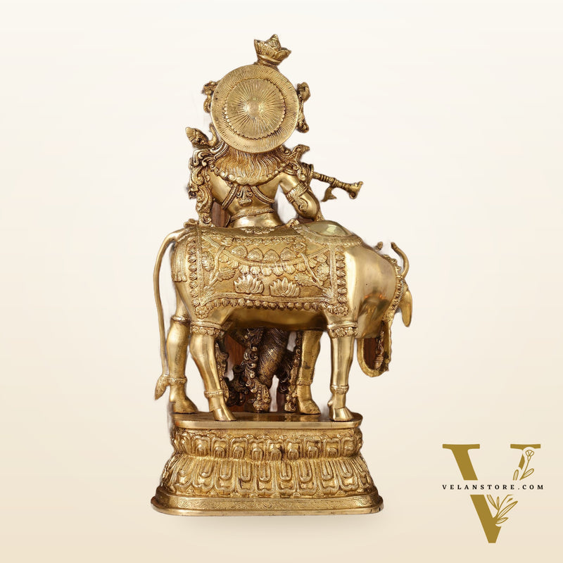 Adorable Lord Krishna With Cow Statue | Brass | Antique Gold Finish 28"