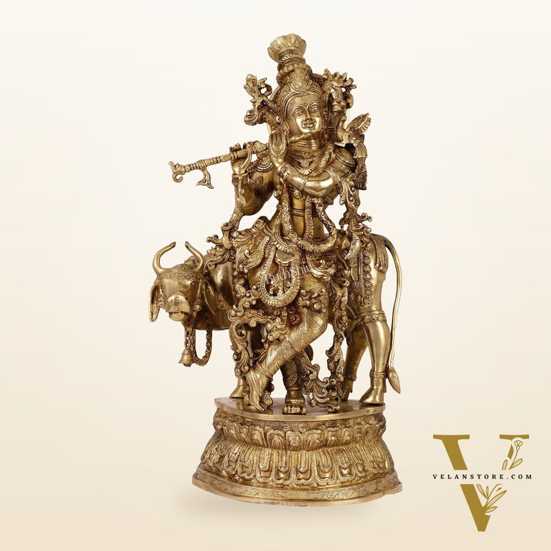 Adorable Lord Krishna With Cow Statue | Brass | Antique Gold Finish 28"