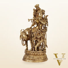 Adorable Lord Krishna With Cow Statue | Brass | Antique Gold Finish 28"