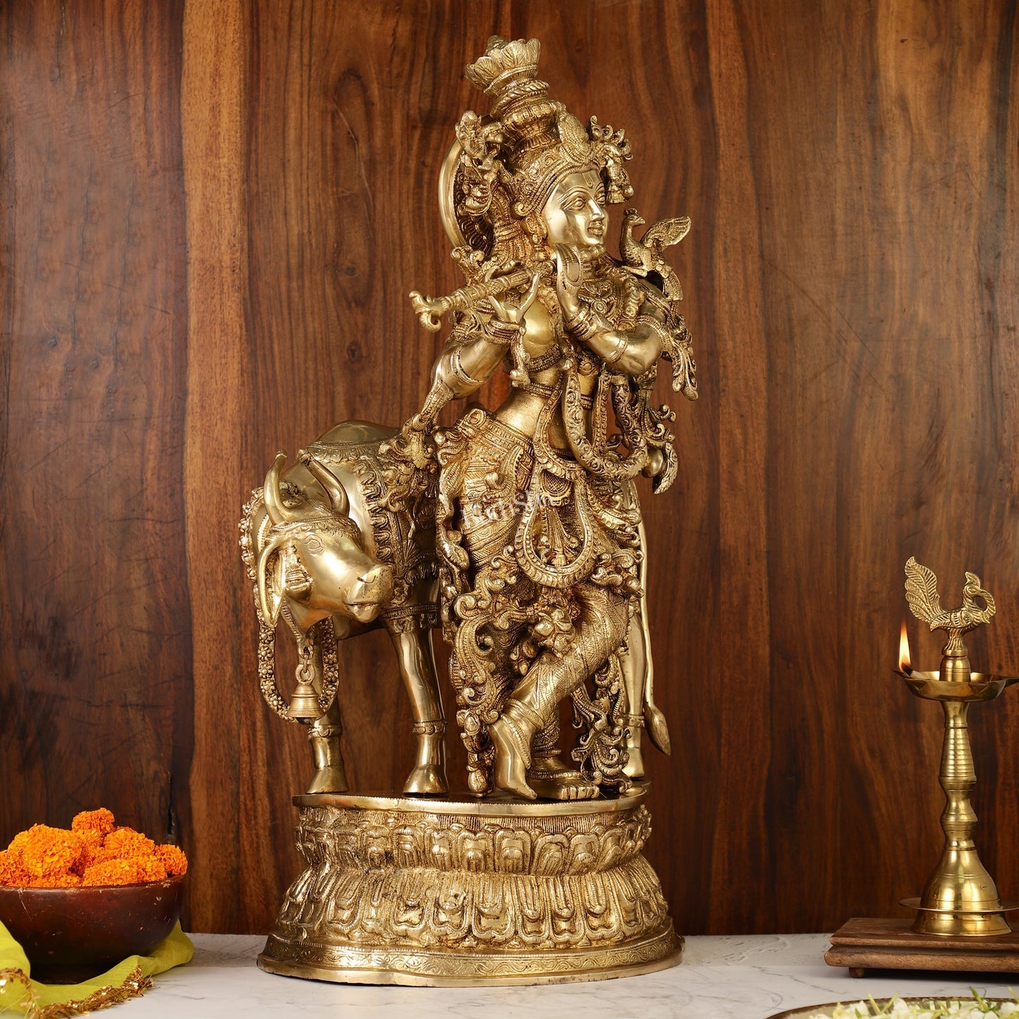 Adorable Lord Krishna With Cow Statue | Brass | Antique Gold Finish 28"