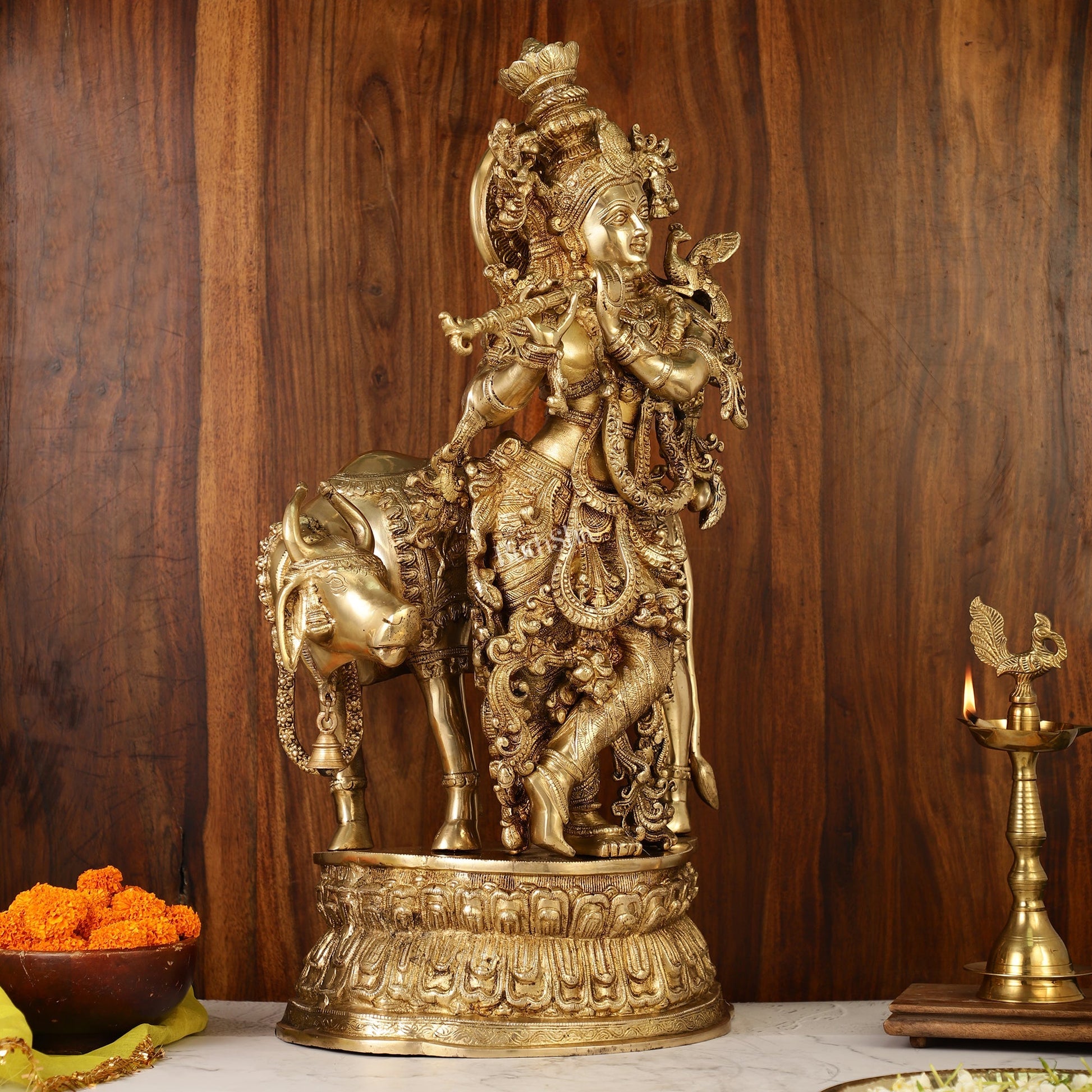 Adorable Lord Krishna With Cow Statue | Brass | Antique Gold Finish 28"