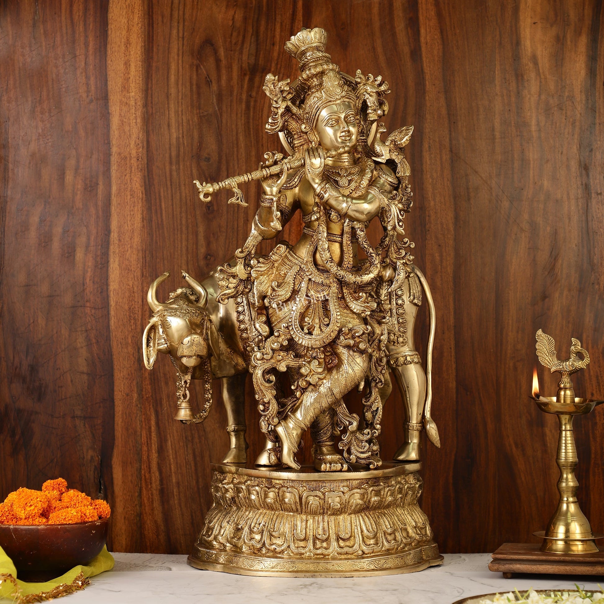 Adorable Lord Krishna With Cow Statue | Brass | Antique Gold Finish 28"