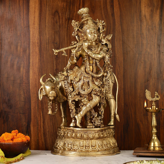 Adorable Lord Krishna With Cow Statue | Brass | Antique Gold Finish 28"