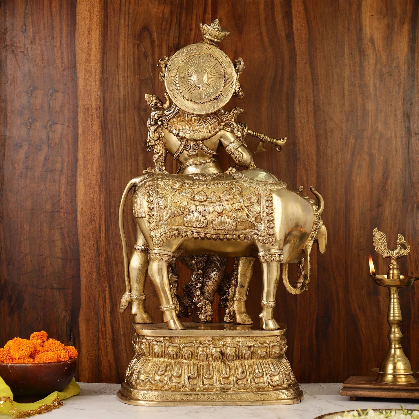 Adorable Lord Krishna With Cow Statue | Brass | Antique Gold Finish 28"