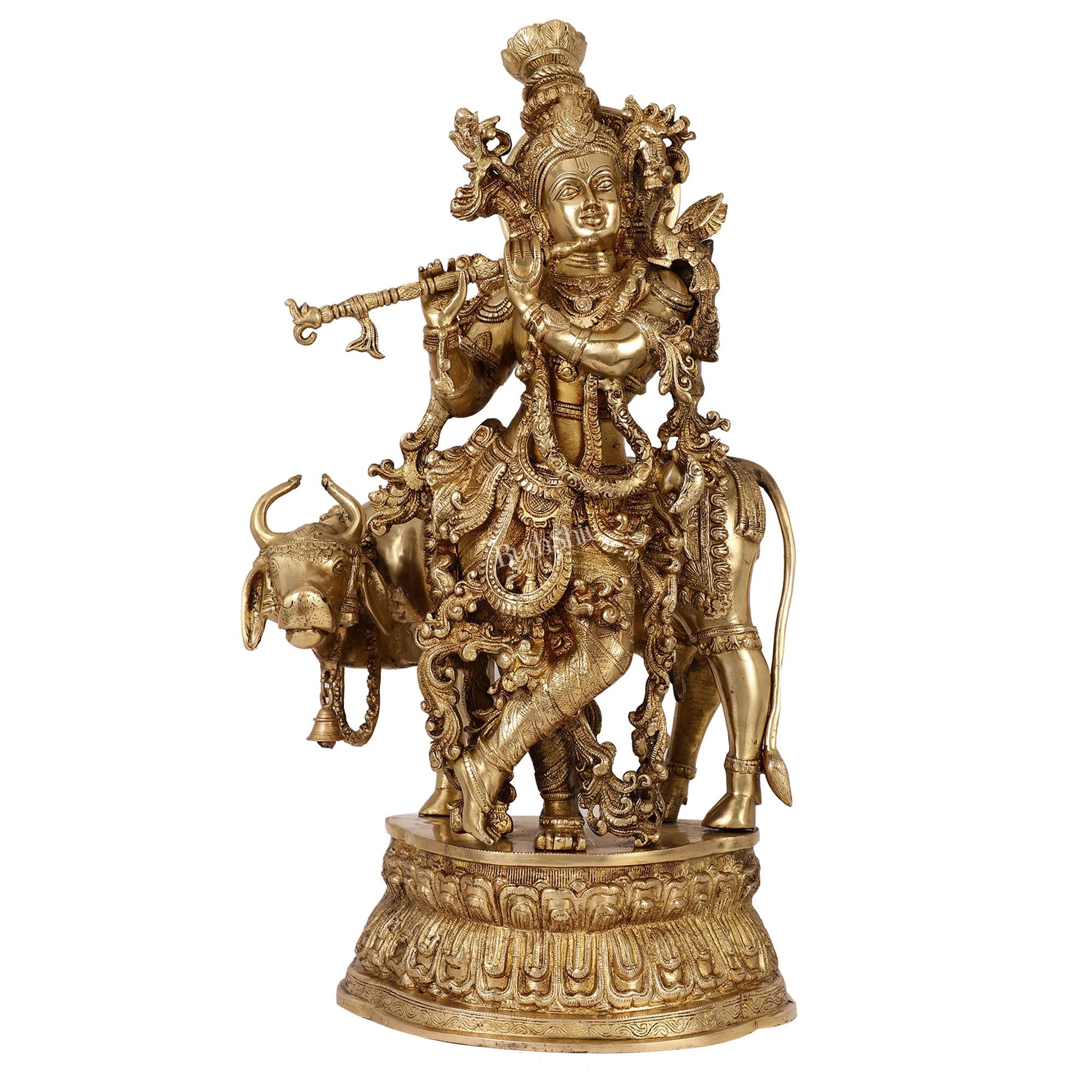 Adorable Lord Krishna With Cow Statue | Brass | Antique Gold Finish 28"