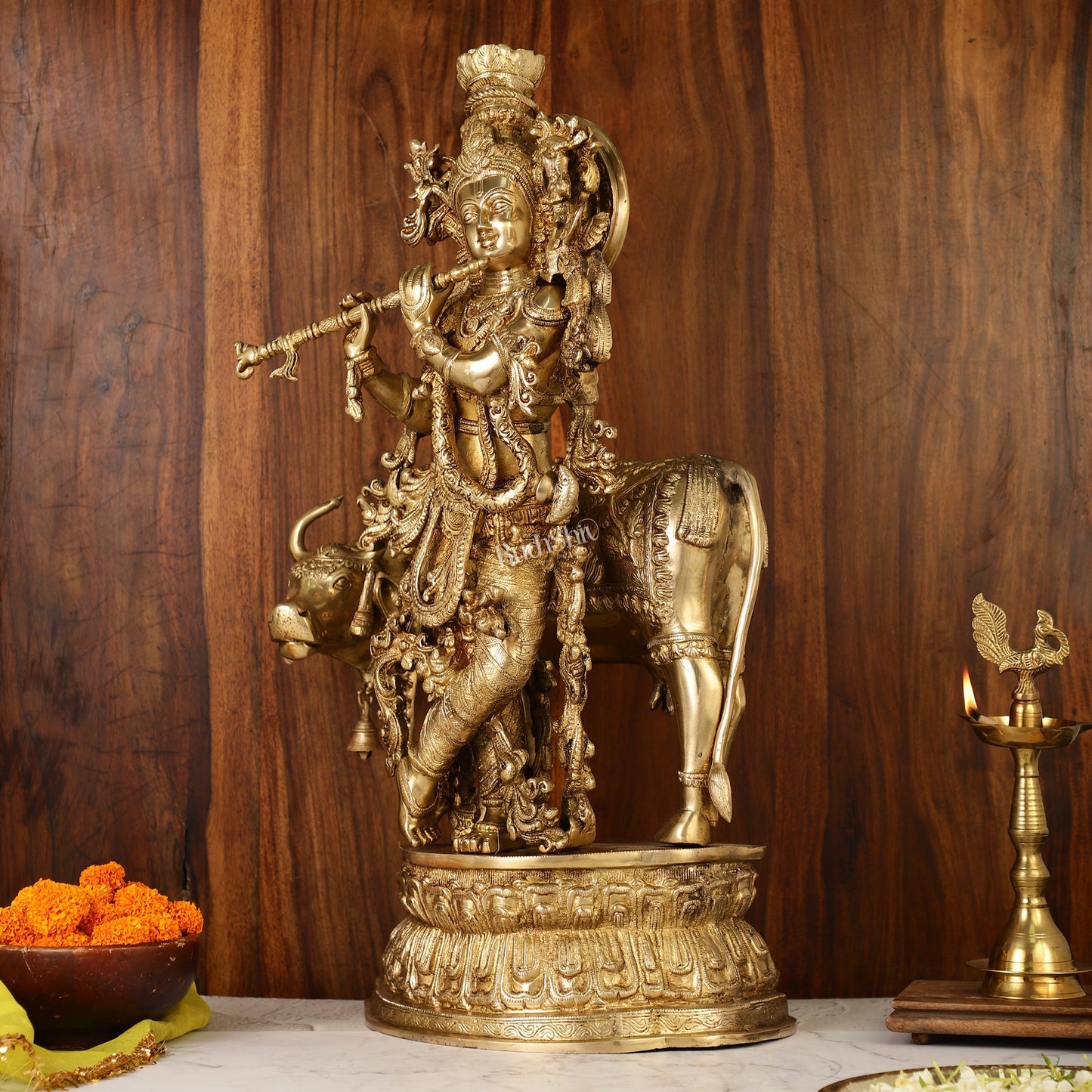 Adorable Lord Krishna With Cow Statue | Brass | Antique Gold Finish 28"