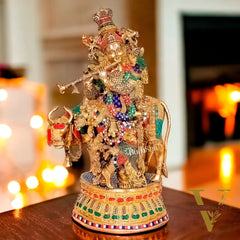 Adorable Lord Krishna With Cow Statue - Brass Sculpture 28"