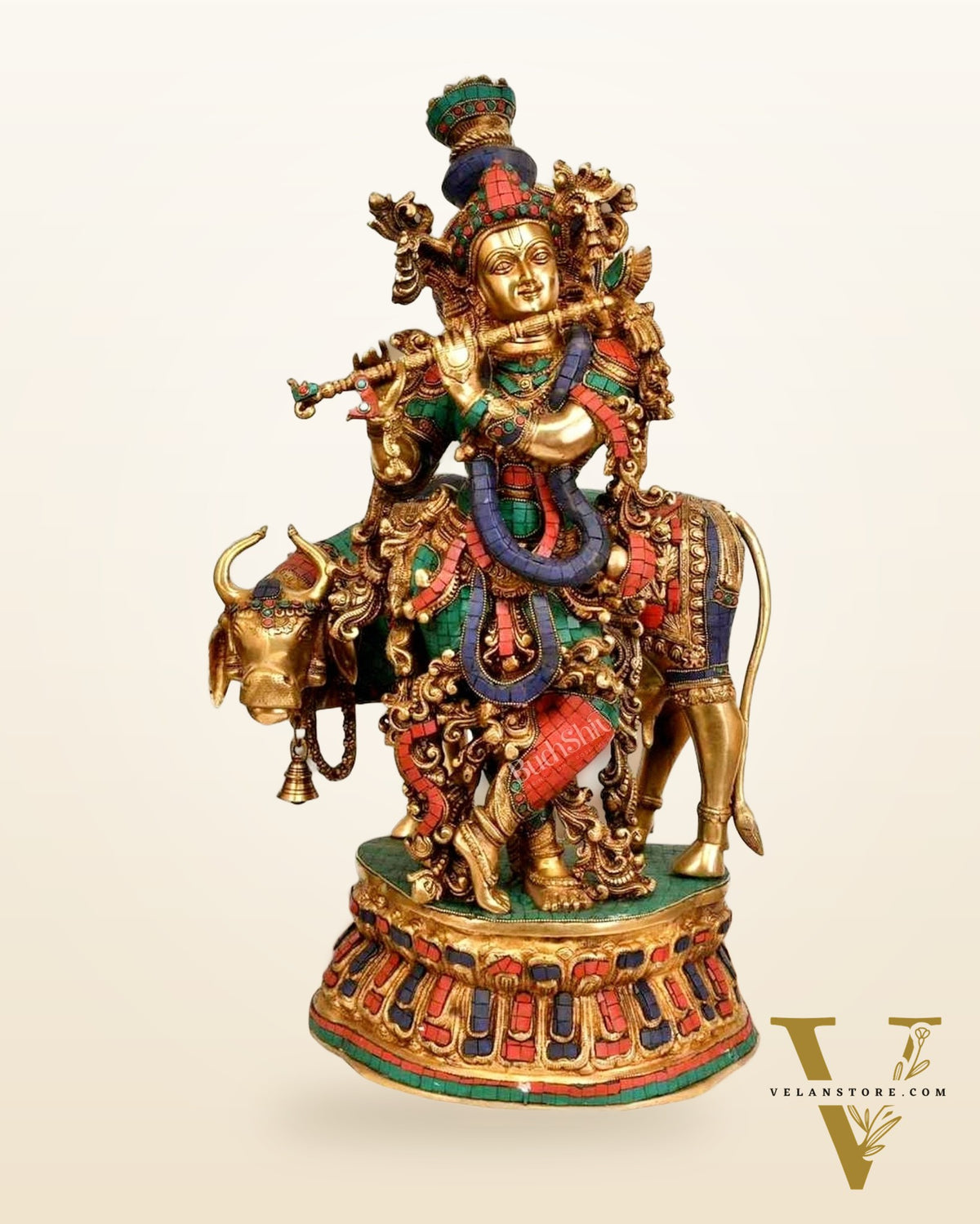 Adorable Lord Krishna With Cow Statue - Brass Sculpture 28"