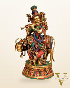 Adorable Lord Krishna With Cow Statue - Brass Sculpture 28"