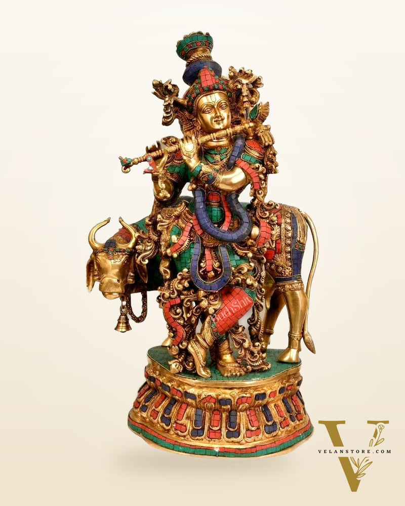 Adorable Lord Krishna With Cow Statue - Brass Sculpture 28"