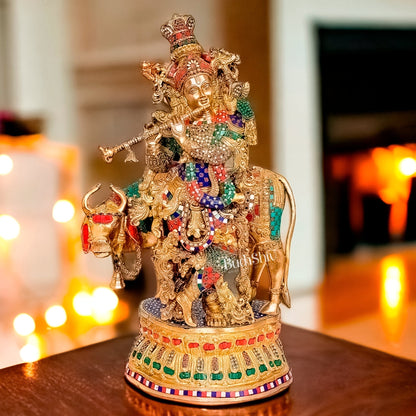 Adorable Lord Krishna With Cow Statue - Brass Sculpture 28"