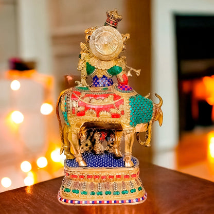 Adorable Lord Krishna With Cow Statue - Brass Sculpture 28"
