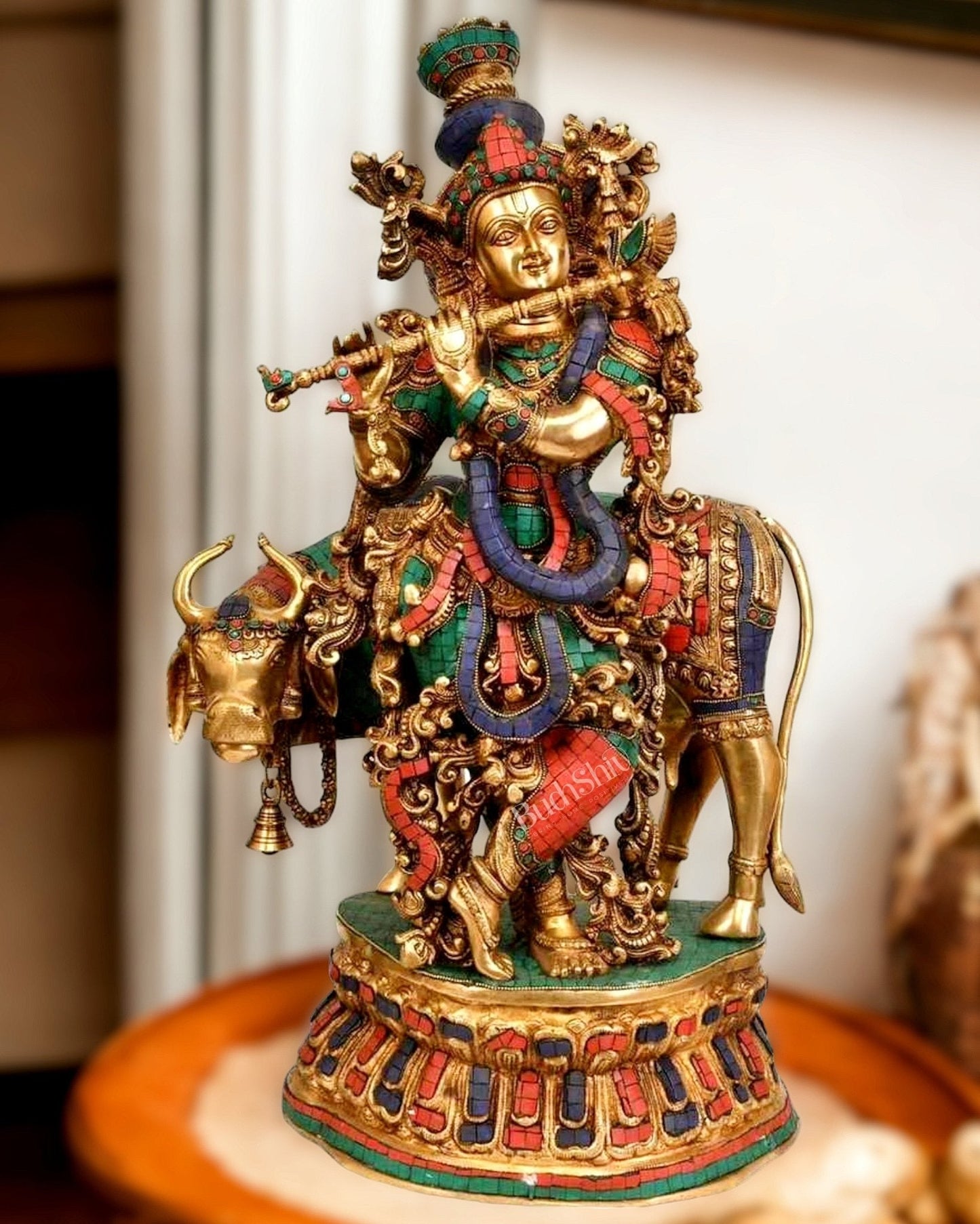 Adorable Lord Krishna With Cow Statue - Brass Sculpture 28"