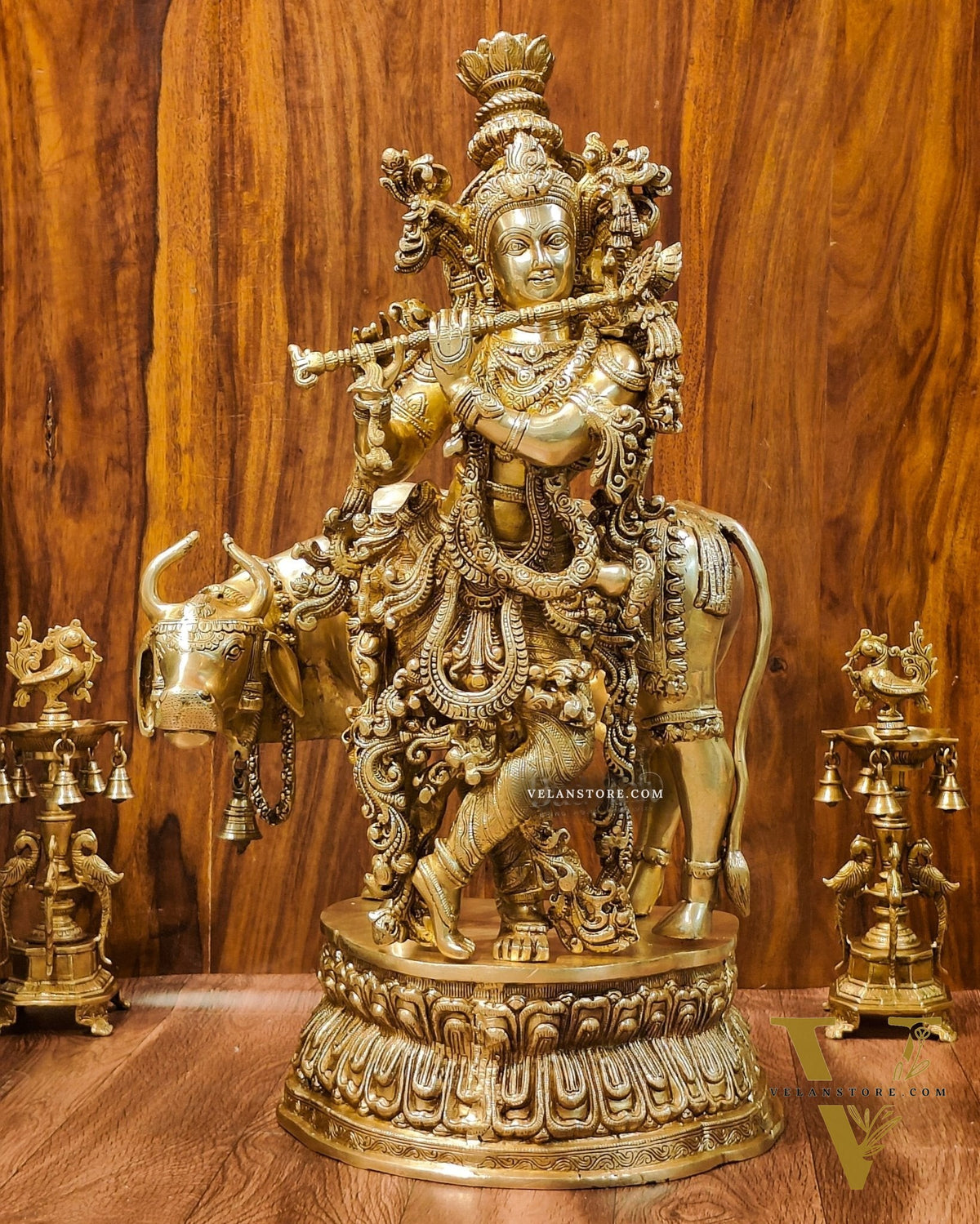 Adorable Lord Krishna With Cow Statue | Brass | Shine Gold Finish 28"