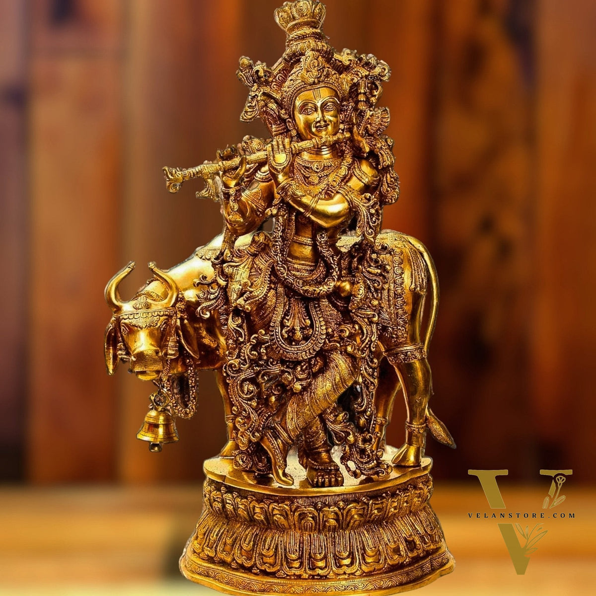 Adorable Lord Krishna With Cow Statue | Brass | Shine Gold Finish 28"