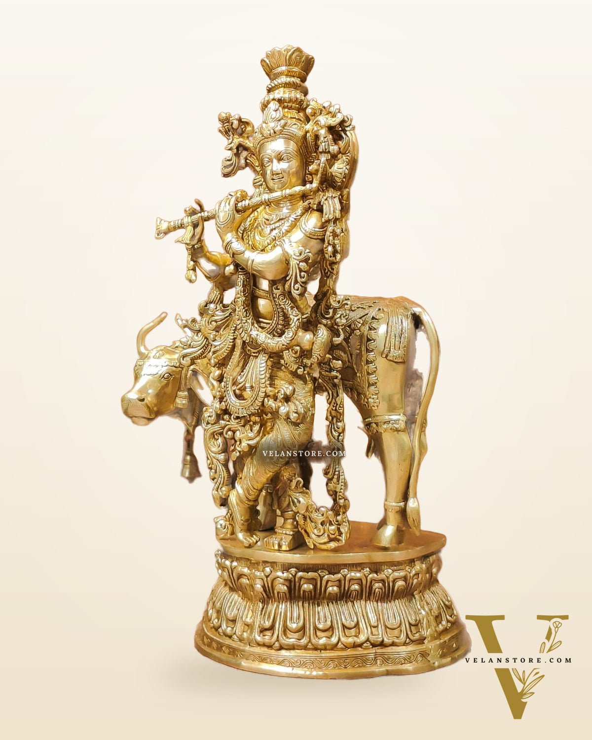 Adorable Lord Krishna With Cow Statue | Brass | Shine Gold Finish 28"