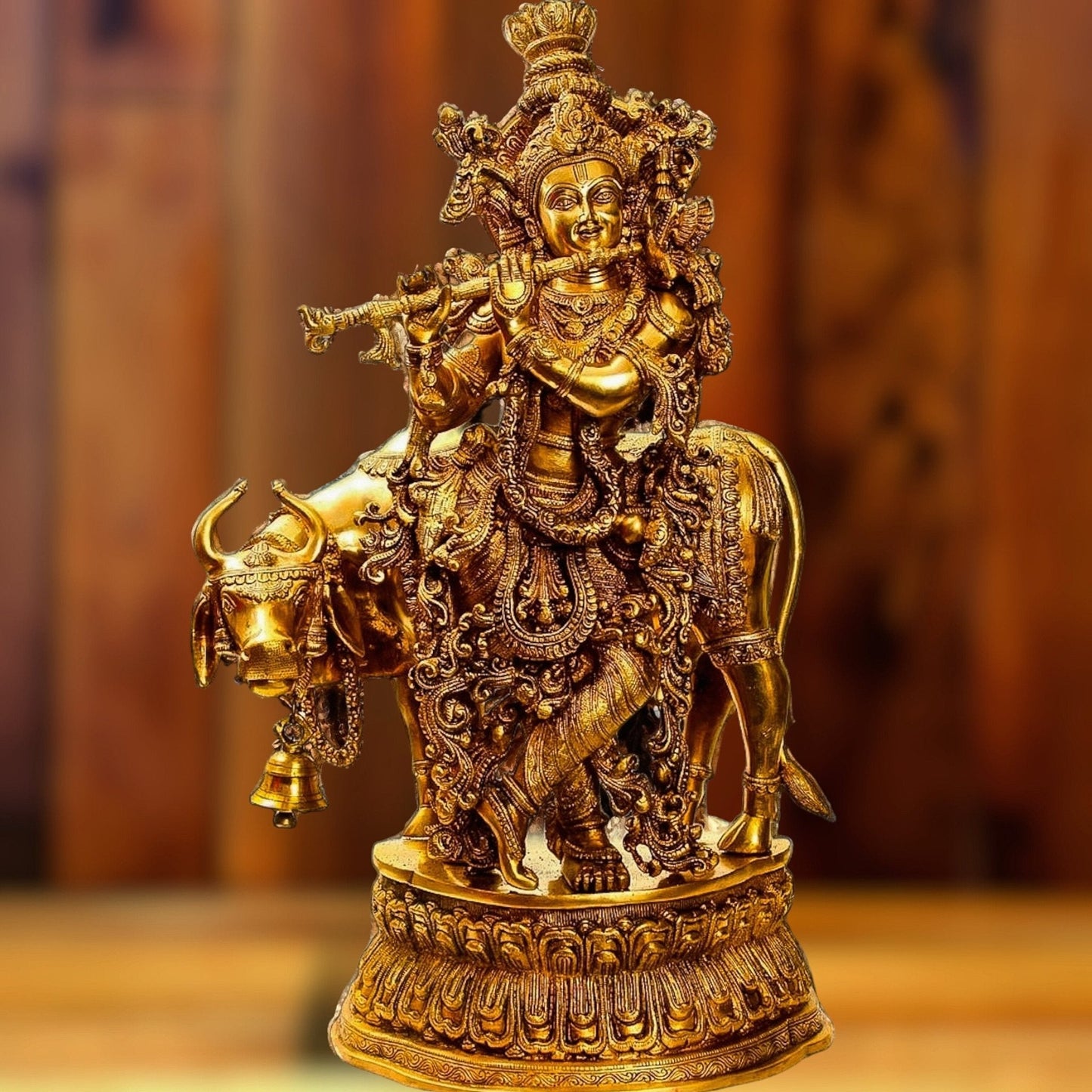 Adorable Lord Krishna With Cow Statue | Brass | Shine Gold Finish 28"