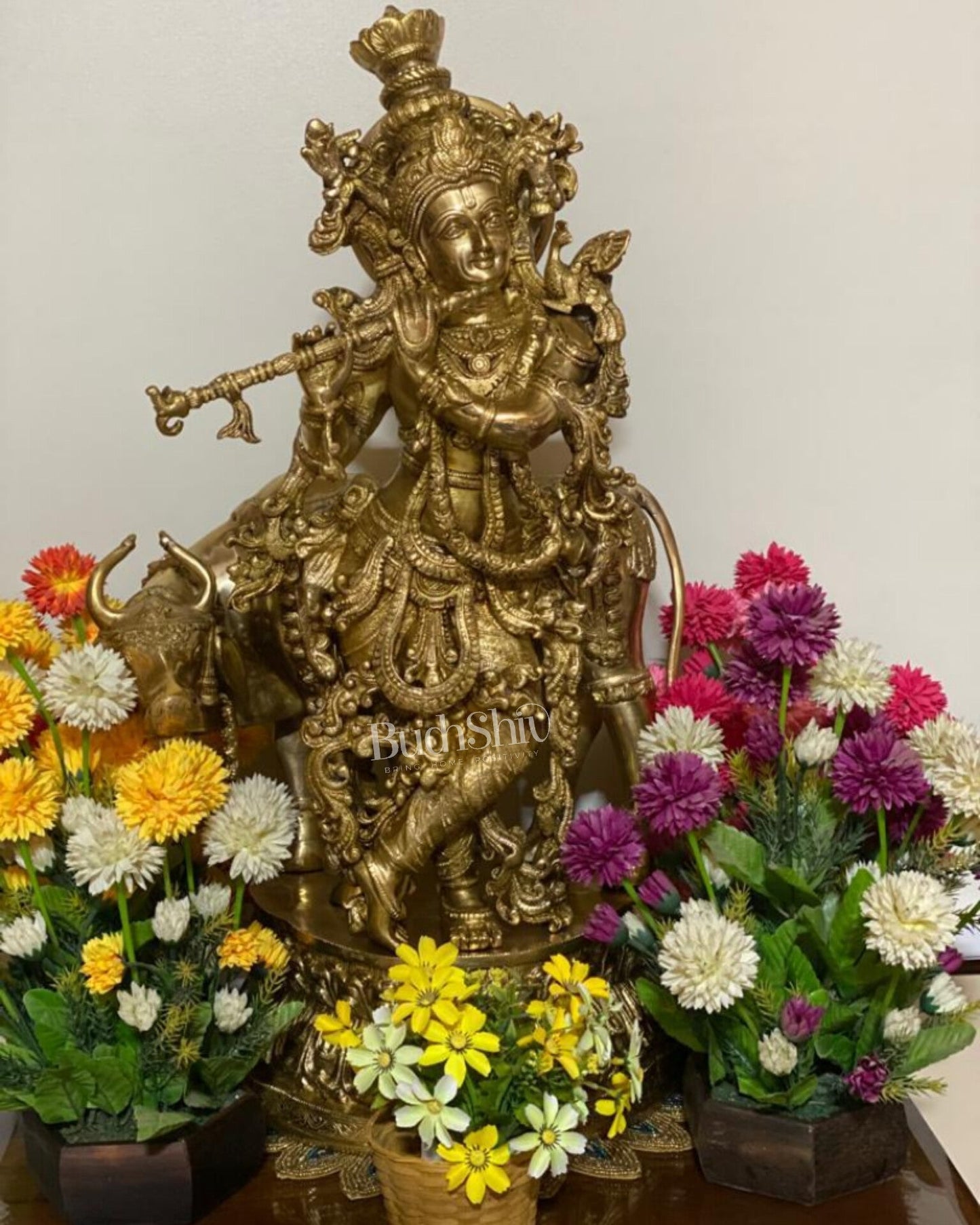 Adorable Lord Krishna With Cow Statue | Brass | Shine Gold Finish 28"