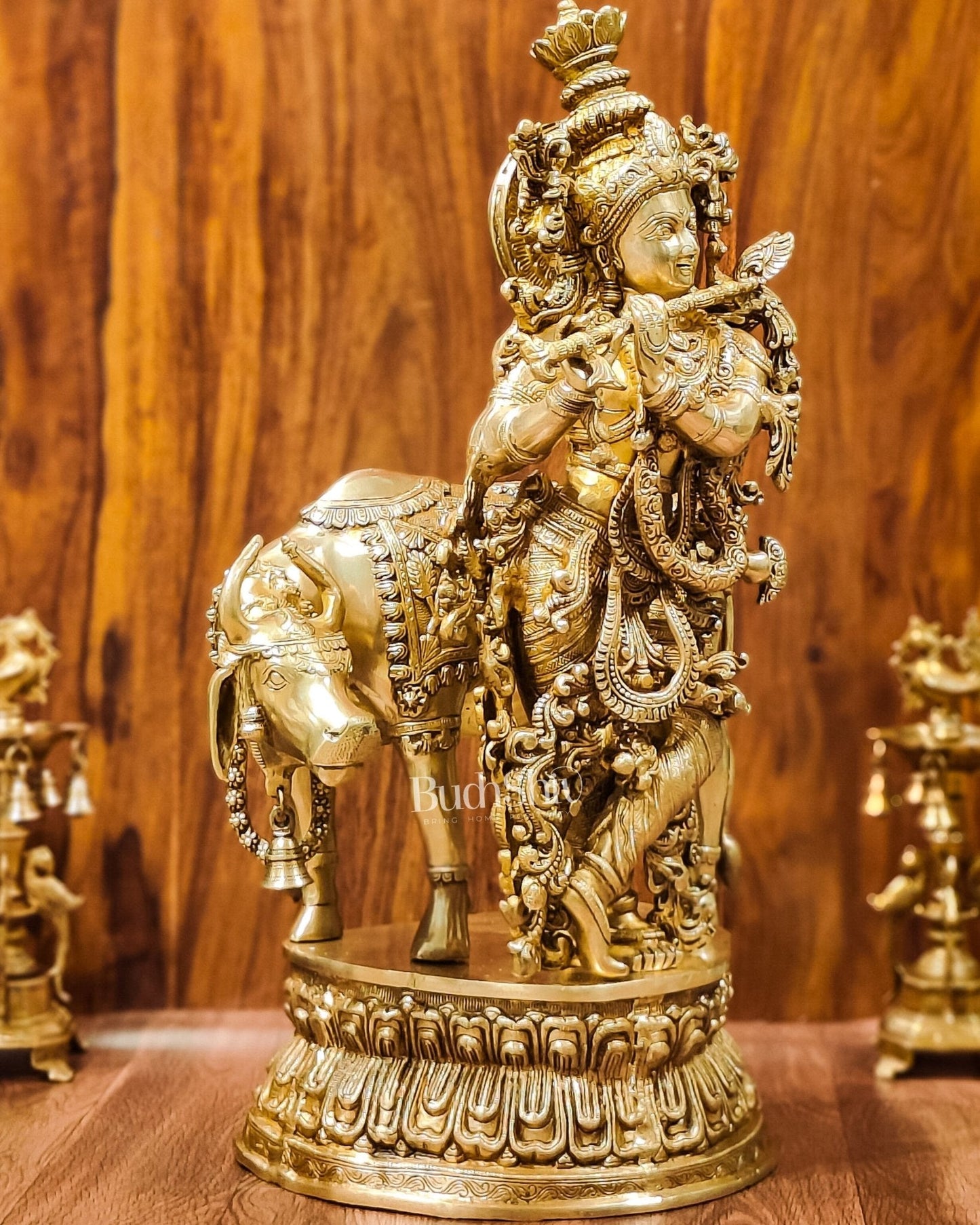 Adorable Lord Krishna With Cow Statue | Brass | Shine Gold Finish 28"