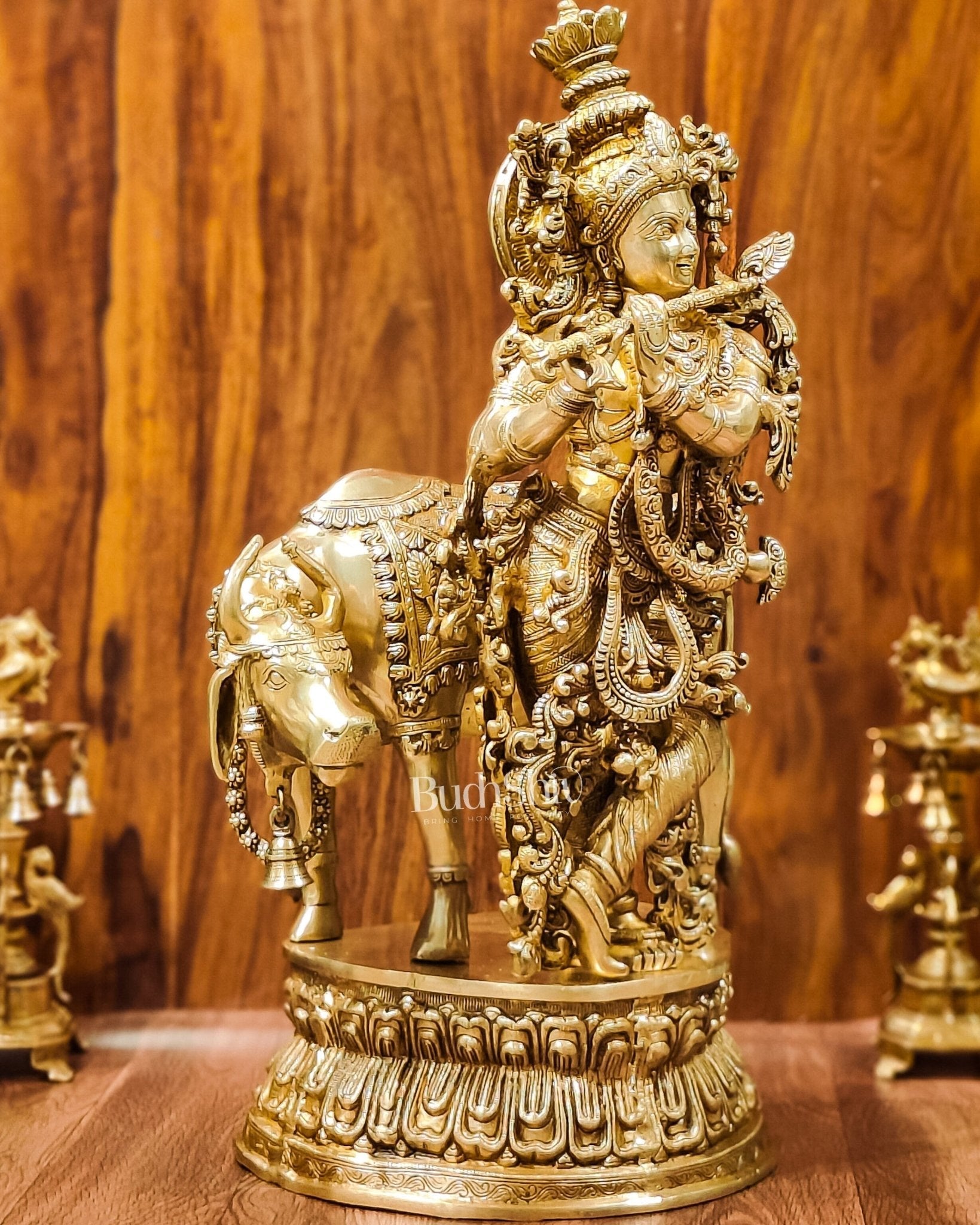 Adorable Lord Krishna With Cow Statue | Brass | Shine Gold Finish 28"