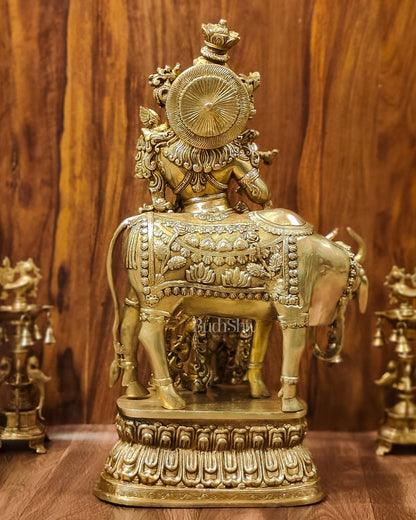 Adorable Lord Krishna With Cow Statue | Brass | Shine Gold Finish 28"