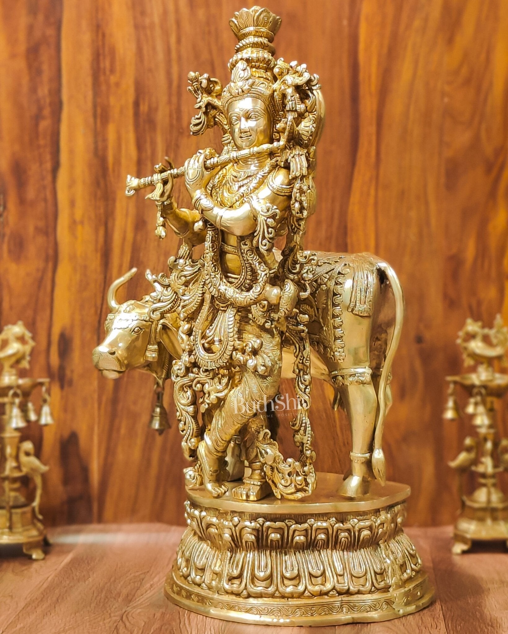Adorable Lord Krishna With Cow Statue | Brass | Shine Gold Finish 28"