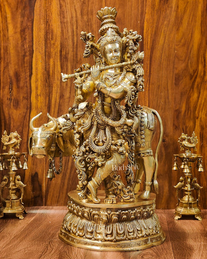 Adorable Lord Krishna With Cow Statue | Brass | Shine Gold Finish 28"