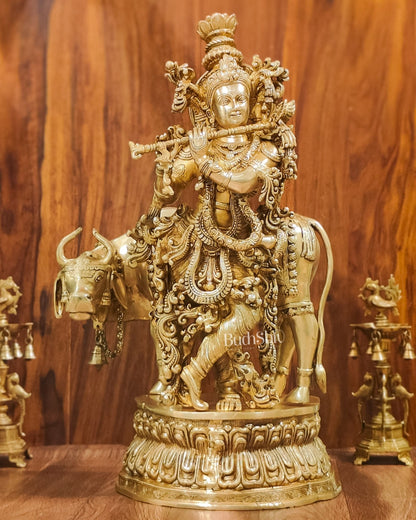 Adorable Lord Krishna With Cow Statue | Brass | Shine Gold Finish 28"