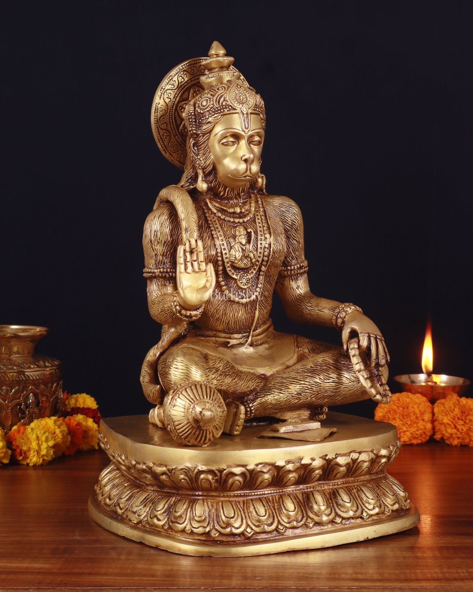 Adorable Pure Brass Blessing Hanuman Idol - 14"
