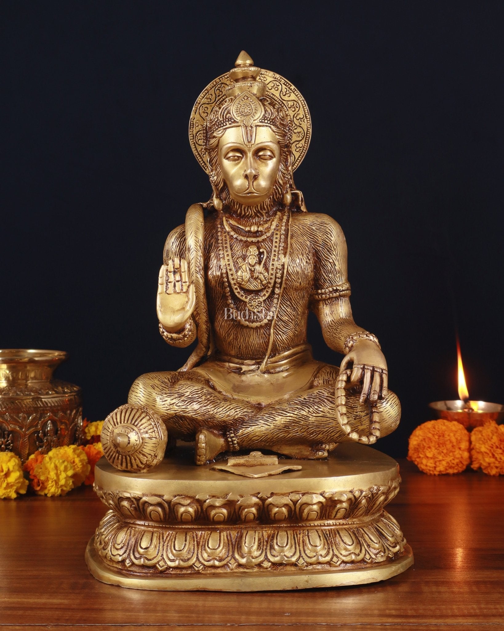 Adorable Pure Brass Blessing Hanuman Idol - 14"