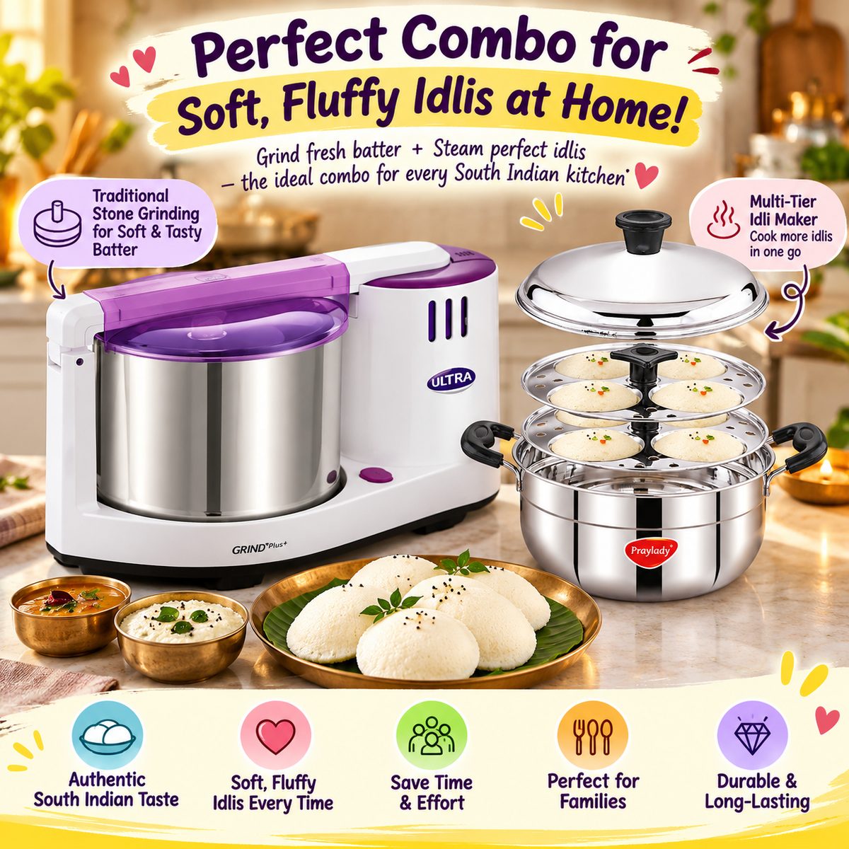 Ultra Idli Batter Ready Combo | Elgi Ultra Grind+ Gold 2 L Table Top Wet Grinder + Praylady Sigma Multi Kadai (8 Idli)-3