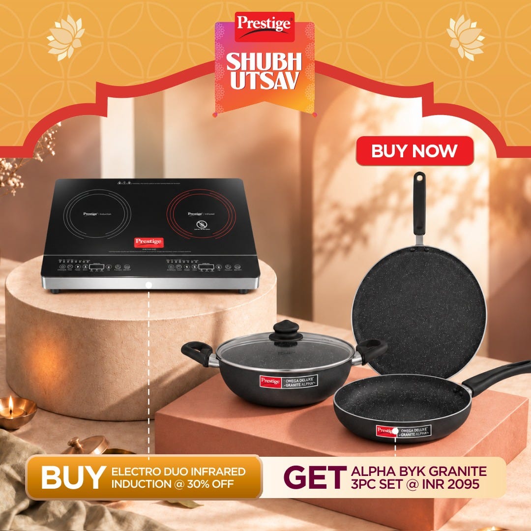 Prestige Electro Duo Infrared and Induction Combi Cooktop + Prestige Omega Deluxe Granite Alpha 3 Pc BYK Non-Stick Set: Kadai 24cm with Glass Lid, Omni Tawa 28cm, Fry Pan 24cm